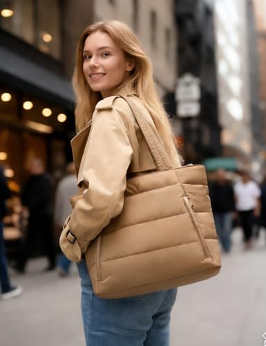 Puffer Tote Bag for Women, Nurse, Large Quilted Shoulder Bag with Cup Holder & Laptop Compartment for Work, Travel, Gym - color: Brown