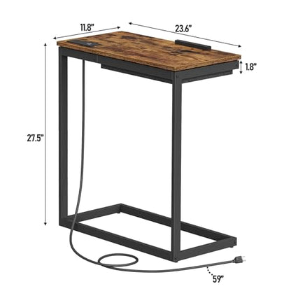 TUTOTAK Large C Shaped End Table, Side Table with Charging Station C Table | Tilting Laptop Stand with Storage, Computer Couch table for Living Room, Bedroom, Brown TB01BB090 - color: Brown, style: Plug