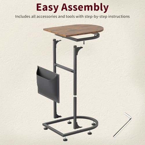 C Shaped End Table, Small Side Table for Couch, C Table that Slides Under Sofa with Storage Bag, TV Tray Table for Recliner, Living Room, Bedside, Bedroom, Small Spaces, Rustic Brown - color: Classic Rustic Brown