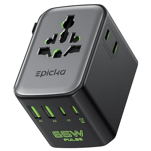 Epicka Pulse Duo 65W Universal Travel Adapter PD/QC 3.0, 2AC/2USB-C/2USB-A | International Power Adapter for EU/US/UK/AU, Fast-Charging for Multi-Device Use, Black - style: Pulse Duo 65W Black