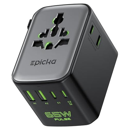 Epicka Pulse Duo 65W Universal Travel Adapter PD/QC 3.0, 2AC/2USB-C/2USB-A | International Power Adapter for EU/US/UK/AU, Fast-Charging for Multi-Device Use, Black - style: Pulse Duo 65W Black