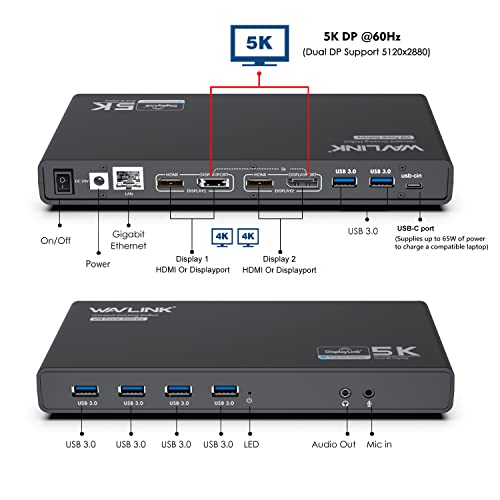WAVLINK Universal Displaylink Docking Station Dual Monitor | 65W PD Charging for Laptop Windows/ Mac, MacBook Neo/ Air/ Pro,Dual HDMI/ DisplayPort,Gigabit Ethernet, 6 USB 3.0, Audio/Mic