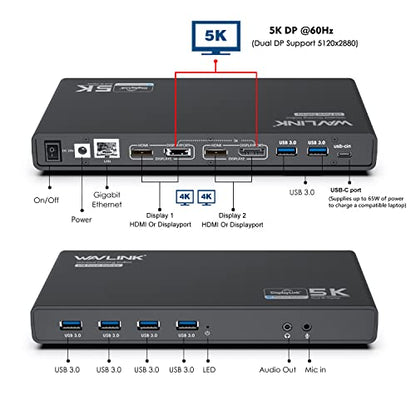 WAVLINK Universal Displaylink Docking Station Dual Monitor | 65W PD Charging for Laptop Windows/ Mac, MacBook Neo/ Air/ Pro,Dual HDMI/ DisplayPort,Gigabit Ethernet, 6 USB 3.0, Audio/Mic