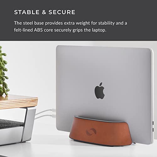 HumanCentric Vertical Laptop Stand in Vegan Cognac Leather, Adjustable | Upright Adjustable Holder and Dock, Fits MacBook Pro and Other Laptops .5" to 1.5", Clamshell Compatible - color: Cognac Leather