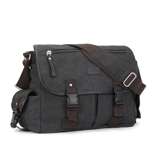 [Upgraded] Vintage Canvas Messenger Bag Large Book Laptop Shoulder Bag Women Men New 13 15.6 17 inches (Black, 17 inches) - color: Black, size: 17 inches