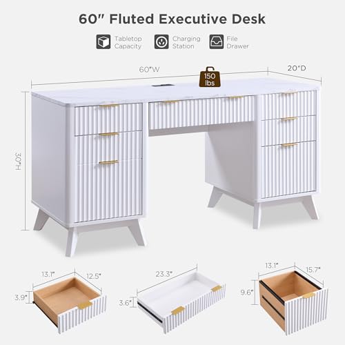 T4TREAM Fluted Executive Desk with Drawers, 60" Modern Home Office Computer Desk with Charging Station, File Cabinet, Keyboard Tray and Storage Cabinet for Study, Living Room, Bedroom, Solid White - color: Solid White