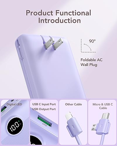 VRURC Portable Charger 20000mAh, Fast Charging Power Bank USB C,4 Output 2 Input Travel Essentials Charging Bank Equipped with LED Display,Built-in Wall Plug and Cables,Phone Charger Battery,Purple - color: Purple