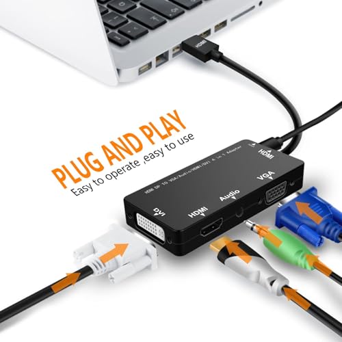 4-in-1 HDMI Adapter, Synchronous HDMI to VGA DVI HDMI Display Converter with Audio, 1080p Video for Laptop, Monitor, Projector (Black)