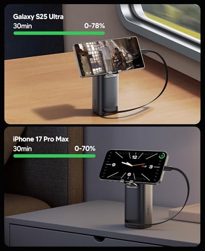 Mukiya 130W 20000mAh Power Bank with Retractable Cable & Stand | Mukiya power bank with built-in usb c cable, retractable phone stand, portable laptop charger, travel essentials