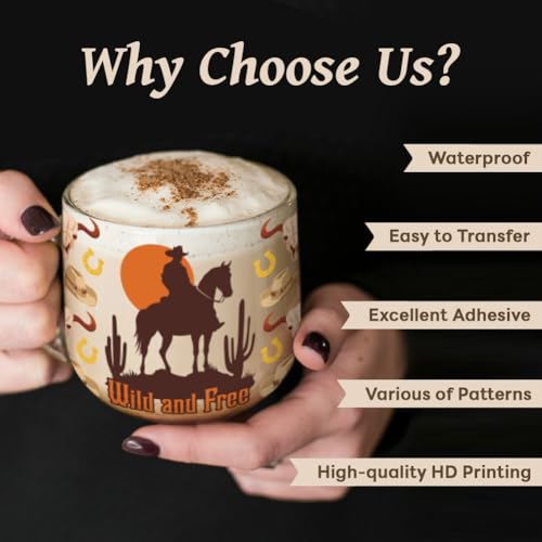UV DTF Cup Wraps Transfer Stickers Western Cowboys Pattern, 10 Sheets Waterproof Custom Vinyl Transfer Sticker 16oz Coffee Glass Cup Tumbler Bottle Mug Decals for Men Women | Waterproof UV DTF Stickers, Custom Vinyl Decals for 16oz Coffee Cups Tumblers Bo