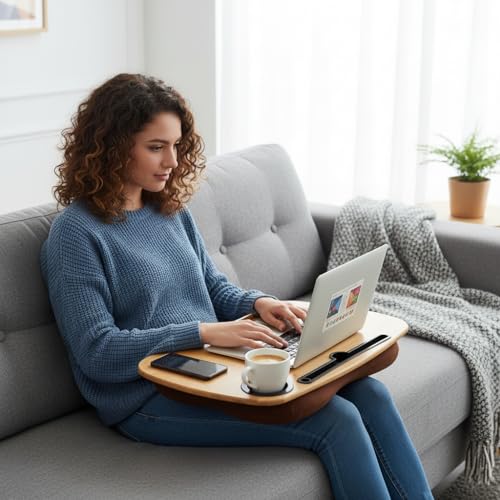 Lap Desk for Laptop with Cushion, Cup Holder-Fits up to 18 inch | Bamboo Computer Laptop Stand with Phone Hoder, Anti-Slip Stopper - size: 21.6"x13.8" with Cup Holder