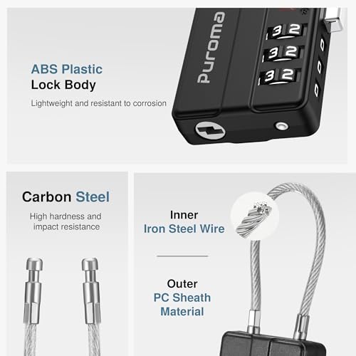 Puroma 4 Pack TSA Locks for Luggage Lightweight 4-Digit Code Padlock Black | TSA Approved, Resettable, Flexible Cable, Zipper holes, Bright Color, Large White Numbers, for Train Travel Suitcase Backpack