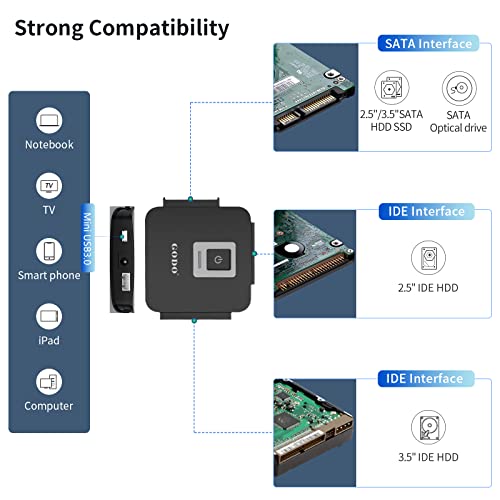 GODO SATA/IDE to USB 3.0 Adapter,IDE Hard Drive Adapter Kit, Cable Converter for 2.5/3.5 inch and SATA HDD/SSD,5.25 CD-ROM/DVD-ROM,Include 12V/2A Power