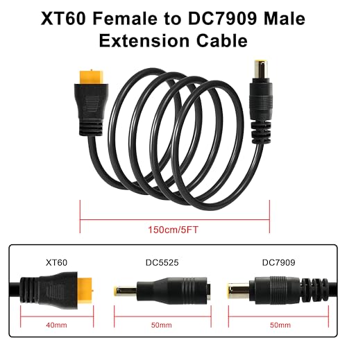 XT60 to DC 8mm Charging Cable 5FT,14AWG XT60 Female to DC7909 Male with DC5525 Adapter Solar Panel Cable Compatible for RC Cars Portable Power Station Solar Generator and Solar Panel