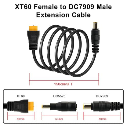 XT60 to DC 8mm Charging Cable 5FT,14AWG XT60 Female to DC7909 Male with DC5525 Adapter Solar Panel Cable Compatible for RC Cars Portable Power Station Solar Generator and Solar Panel