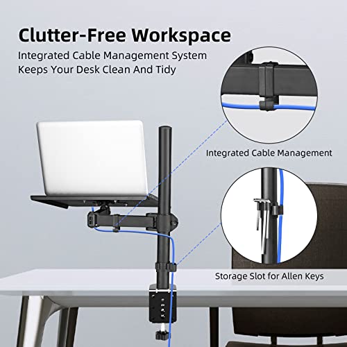 suptek Single Laptop Notebook Desk Mount with Tray for 13-27 inch Computer Screen, Fully Adjustable Laptop Desk Arm for Notebook up to 17’’, Weight up to 15.6 lbs - style: Single laptop mount