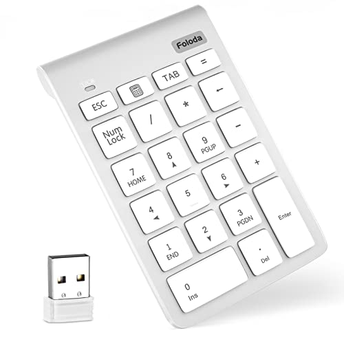 Foloda Wireless Number Pad, 10 Keys USB Keypad for Laptop, 22 Keys Extensions Numeric Numpad Computer Laptop Accessories for PC Desktop Surface Pro Notebook - color: White