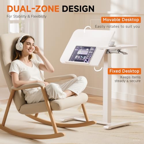 COMHOMA Tiltable Mobile Small Standing Desk, Pneumatic Adjustable Height Overbed Bedside Table with Wheels, Sit Stand Portable Rolling Laptop Desk Computer Workstations, White - color: White