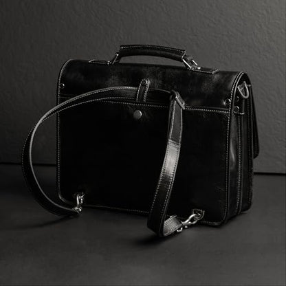Time Resistance Leather Briefcase – Italian Handmade Leather Laptop Bag – Briefcase Convertible into Backpack - color: Black