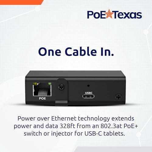 PoE Texas Gigabit PoE+ to USB-C Adapter - 25 Watt Power and Data Delivery - Active IEEE 802.3at Power and Ethernet Adapter with an Aluminum Housing for iPad Pro 12.9, Surface Go, Galaxy Tab at Kiosks - size: 25w Gigabit Power + Data