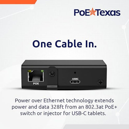 PoE Texas Gigabit PoE+ to USB-C Adapter - 25 Watt Power and Data Delivery - Active IEEE 802.3at Power and Ethernet Adapter with an Aluminum Housing for iPad Pro 12.9, Surface Go, Galaxy Tab at Kiosks - size: 25w Gigabit Power + Data