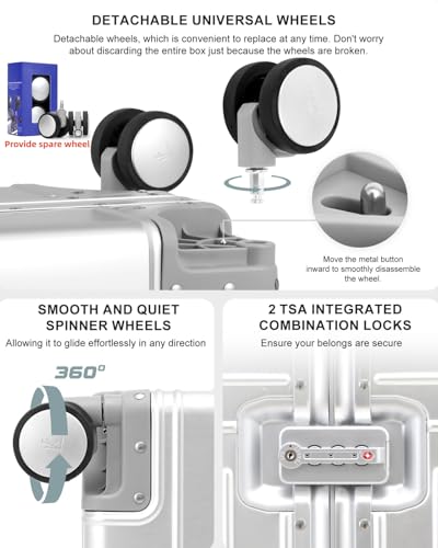 All Aluminum 20'' Luggage with Removable Spinner Wheels,Provide Spare Wheels.Carry on Luggage 22 x 14 x 9 Airline Approved Lightweight Metal Hard Shell Zipperless Suitcase - color: silvery, size: 20 inch