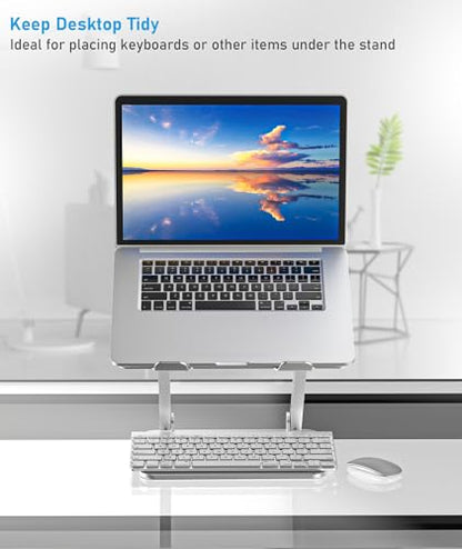 BoYata Laptop Stand, Adjustable Aluminum Riser for 15-Inch Laptops, Silver | Slide-proof silicone pads and protective hooks provide stable support for MacBook, notebooks and laptops up to 15 inches - color: Silver-2