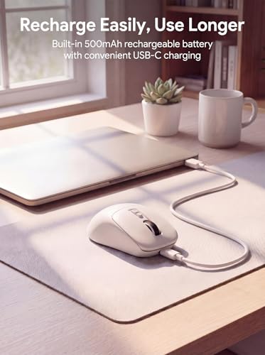 RAPIQUE Wireless Mouse, Dual Bluetooth & 2.4G, White | Multi-Device for 3 Devices, USB-C Rechargeable, Quiet Click, 4 DPI Levels up to 3200, Ergonomic Right-Hand for MacBook, PC - color: White