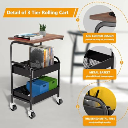 Rolling Cart with Wooden Tabletop, 3 Tier Metal Utility Cart, Rolling Storage Organizer Cart with Lockable Wheels for Kitchen, Office, Bedroom (Black) - color: Black