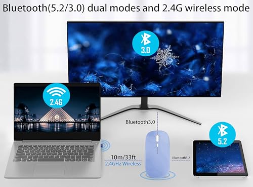 WREANU Wireless Bluetooth Mouse Rechargeable Laptop Mice with LED Lights Silent Slim Use(BT5.2 and 2.4G Portable USB) Dual Mode Computer Mouse for Laptop/iPad/Tablet/Apple/Computer/Mac (Blue) - color: Blue