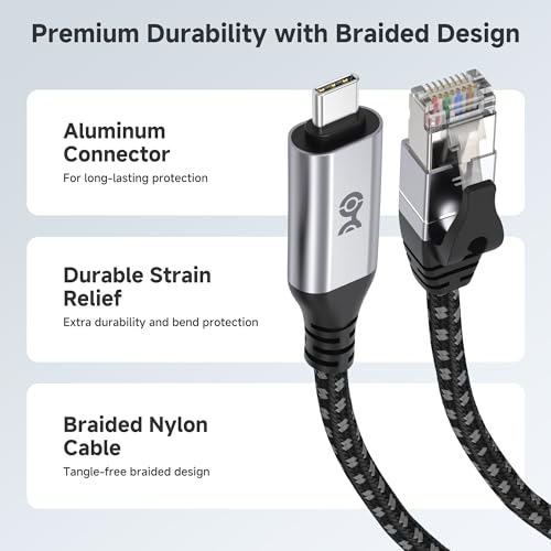 Cable Matters Plug & Play Braided USB C to Ethernet Cable, 10ft | Gigabit Ethernet, Thunderbolt 4/5 Compatible, Works with MacBook, iPad Pro, XPS, and Surface Pro - size: 10 Feet