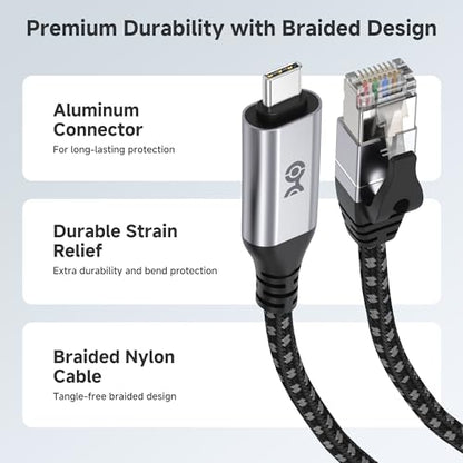 Cable Matters Plug & Play Braided USB C to Ethernet Cable, 3ft | Gigabit Ethernet, Thunderbolt 4/5 Compatible, Works with MacBook, iPad Pro, XPS, and Surface Pro - size: 3 Feet