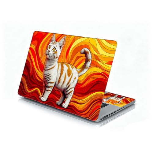 Universal Laptop Skin Sticker Decal, 12"-15.6" Aesthetic Vinyl Wrap, Cat Print Orange Wavy Waterproof Notebook Cover Art Protector for MacBook HP Dell Lenovo, Fits 13" 14" 15" 15.6" - color: Cat Print Orange Wavy