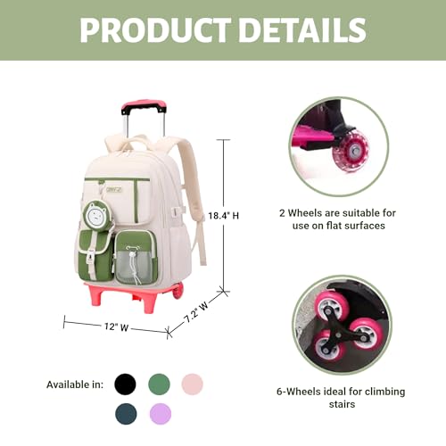 Mfikaryi Kids Rolling Backpack for Girls Boys, Wheeled School Bag Bookbag Kids Backpack with 2 Wheels - color: Two Wheels-green, style: Two Wheels