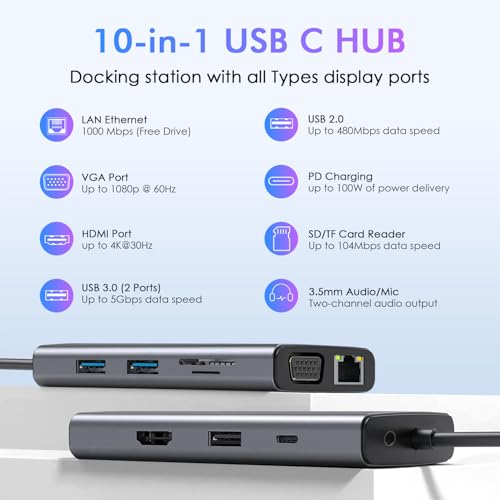 10-in-1 USB C Hub with 4K HDMI Adapter, SD/TF Card Reader, 100W PD Charging, 2 USB 3.0 Ports, and 2 usb2.0 Ports for MacBook Pro/Air, Dell XPS, Lenovo ThinkPad, etc. (10-in-1 VGA) - style: 10-in-1 VGA
