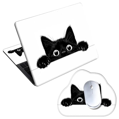 Laptop Skin Sticker Decal 15-15.6 Inch with Cute Mouse Pad, Universal Reusable Vinyl Sticker for 12.1 13 13.3 14 15.4 Inch Netbook and Notebook PC, Peeking Black Cat - color: Peeking Black Cat