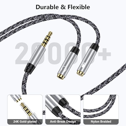 Headphone Mic Splitter [10in], 3.5mm 2 TRS Female to 1 TRRS Male Mic and Audio Y Splitter Extension Cable Headset Adapter Cable Braided for New Version Laptop/Xbox/Tablets/PS4/PS5/PC Gaming Headsets