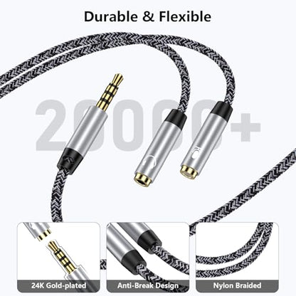 Headphone Mic Splitter [10in], 3.5mm 2 TRS Female to 1 TRRS Male Mic and Audio Y Splitter Extension Cable Headset Adapter Cable Braided for New Version Laptop/Xbox/Tablets/PS4/PS5/PC Gaming Headsets