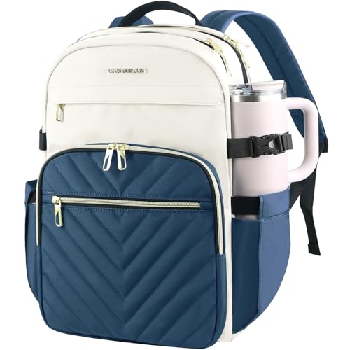 VANKEAN Laptop Backpack for Women with Pouch Pocket for Large Capacity Tumbler, 15.6 Inch Laptop Computer Bag Travel Backpack Purse,Waterproof Work Business Teacher Bags, Beige-Haze blue - color: Beige-haze Blue, size: 15.6 Inch