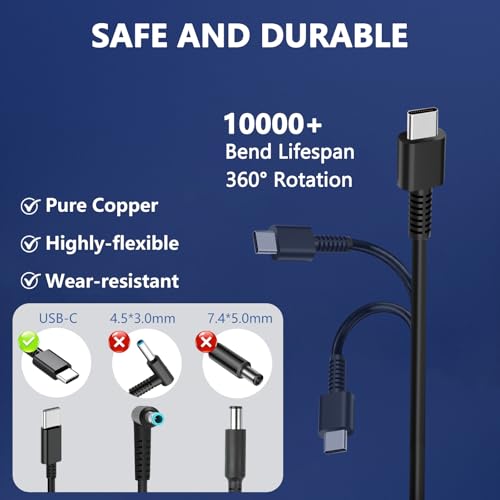 20V 3.25A 65W USB C Laptop Charger for HP, Compatible with HP Laptop Charger EliteBook 830 835 840 845 860 865 640 650, for Spectre x360, Pavilion, Envy, Chromebook Power Cord Adapter Supply
