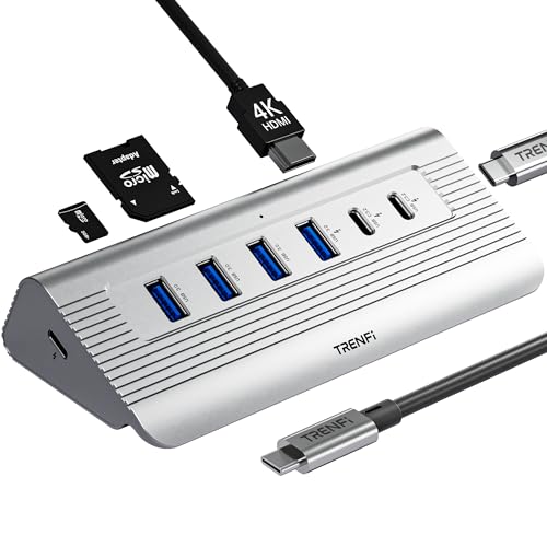 TRENFI Aluminum USB C Hub with Detachable Cable | USB 3.2 Gen2 10Gbps, 4K 60Hz HDMI, 100W PD Charging, SD/Micro SD for Laptop, M1-M5 MacBook Pro/Air, Mac Mini (Silver)