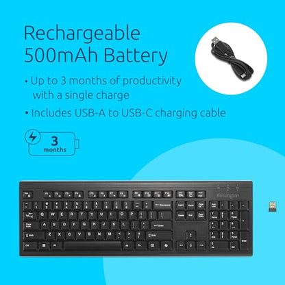 Kensington KB270 EQ Wireless Rechargeable Keyboard, Full-Size, Spill-Proof, 2.4GHz & Bluetooth 5.0 Connection, Compatible with Windows and MacOS (K75558NA) | Full-size, spill-proof, 2.4GHz and Bluetooth 5.0 connection, compatible with Windows and macOS -