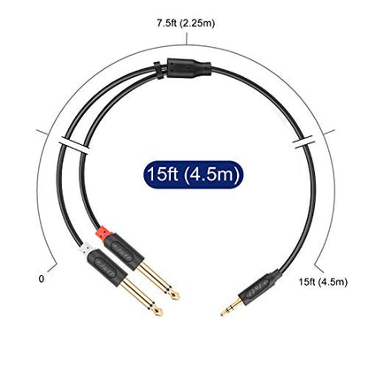 J&D 3.5mm 1/8 inch TRS Male to Dual 6.35mm 1/4 inch TS Male Mono Stereo Y-Cable Splitter with Gold Plated Audiowave Series for Amplifiers, Mixer, Audio Recorder, 15 Feet - size: 15 Feet