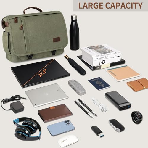 ESTARER Men's Messenger Bag 17.3 Inch, Water-resistant Canvas Laptop Bag, Computer Shoulder Bag for College Travel Work, Army Green - color: 17.3" Buckle-army Green