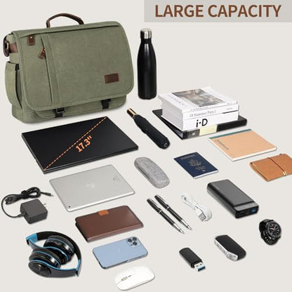 ESTARER Men's Messenger Bag 17.3 Inch, Water-resistant Canvas Laptop Bag, Computer Shoulder Bag for College Travel Work, Army Green - color: 17.3" Buckle-army Green