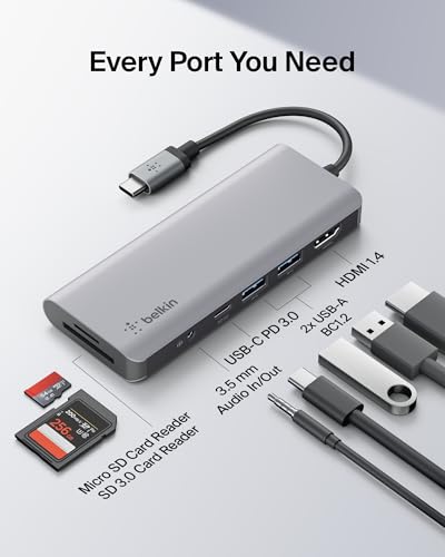 Belkin USB-C Hub, 7-in-1 MultiPort Docking Station for MacBook & Windows - 85W USB-C Power Delivery 3.0, 4K HDMI 1.4, 2x USB-A 3.0, SD 3.0, Micro SD 3.0, & 3.5mm Audio Jack - style: 7-in-1 USB-C Hub