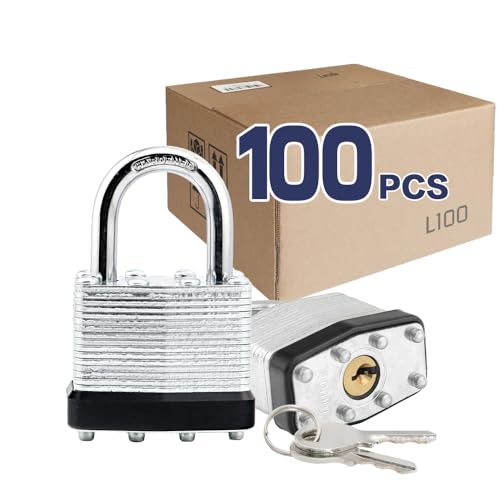 LanuBe Laminated Keyed Alike Padlock 100 Pack 1.6-in Wide Standard Shackle | Brass cylinder with keyed alike design.One key opens all locks. Black ，Standard shackle for gates, sheds,hasps ＆ toolboxes - size: 100 Pack Black