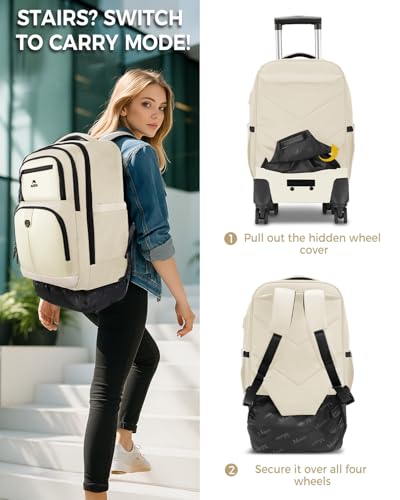 MATEIN Rolling Backpack for Women, Roller Backpack with 4 Spinner Wheels | 17 Inch Large Rolling Computer Bag with Padded Shoulder Straps, Water Resistant Wheeled Carry On Bag for Business Travel