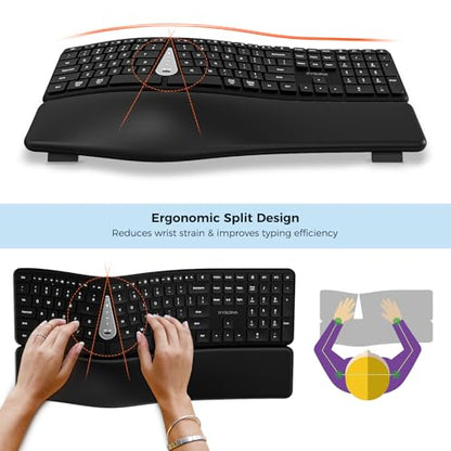 Ergonomic Keyboard Mouse Wireless Combo, Full Size Bluetooth Split Keyboard with Wrist Rest, 4 Level DPI Ergo Mouse for Windows Mac OS Computer, Black - color: Black