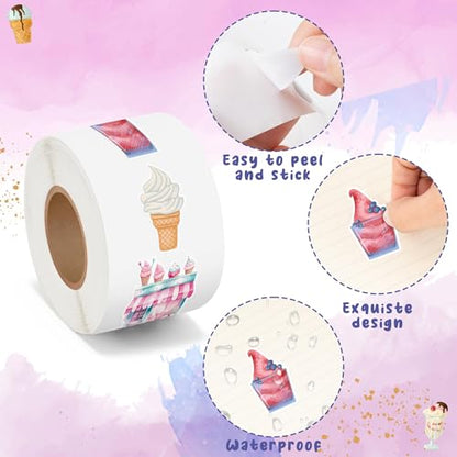 Haooryx Ice Cream Sticker Rolls - 1000Pcs Watercolor Summer Ice Cream Stickers 2 Rolls Waterproof Vinyl Self Adhesive Water Bottle Activity Pad Birthday Gift Party Favor DIY Scrapbook Journal Supplies - style: Ice Cream